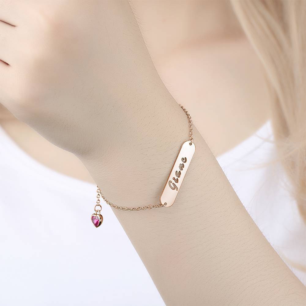 Hollow Carved Bar Name Bracelet with Heart-shaped Birthstone Rose Gold Plated