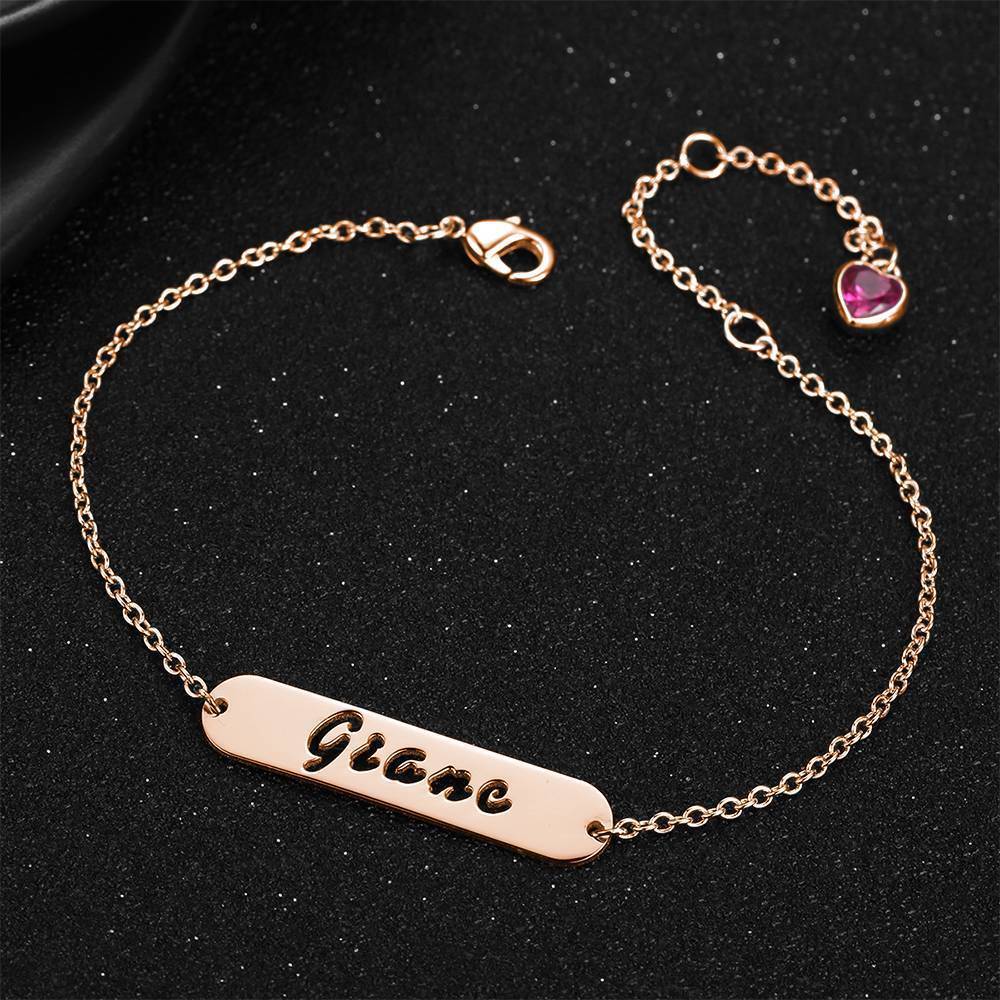Hollow Carved Bar Name Bracelet with Heart-shaped Birthstone Rose Gold Plated