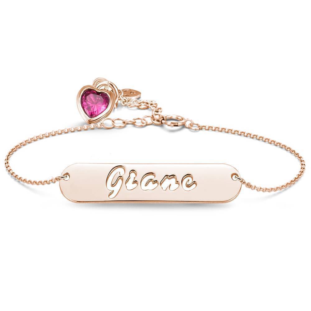 Hollow Carved Bar Name Bracelet with Heart-shaped Birthstone Rose Gold Plated