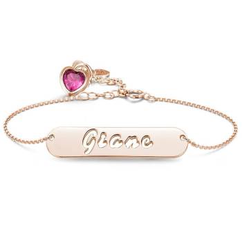 Hollow Carved Bar Name Bracelet with Heart-shaped Birthstone Rose Gold Plated