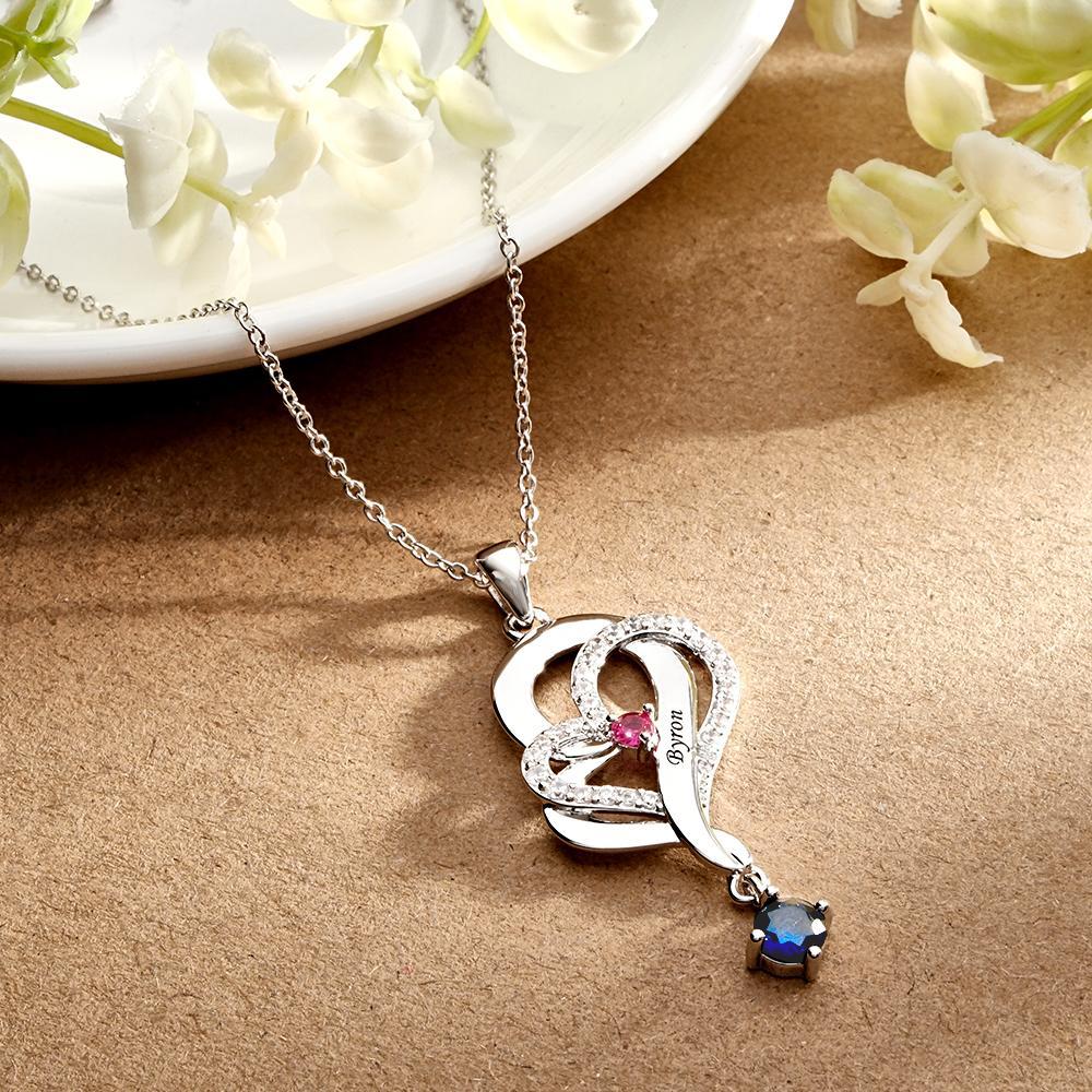 Collier Double Cœur Avec Pierre De Naissance Personnalisée, Pendentif Élégant Gravé, Bijoux Pour Elle - votrecollierprenomfr