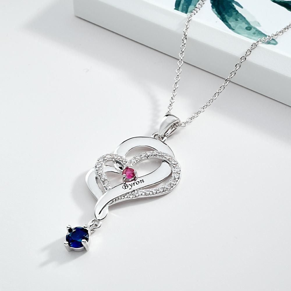 Collier Double Cœur Avec Pierre De Naissance Personnalisée, Pendentif Élégant Gravé, Bijoux Pour Elle - votrecollierprenomfr