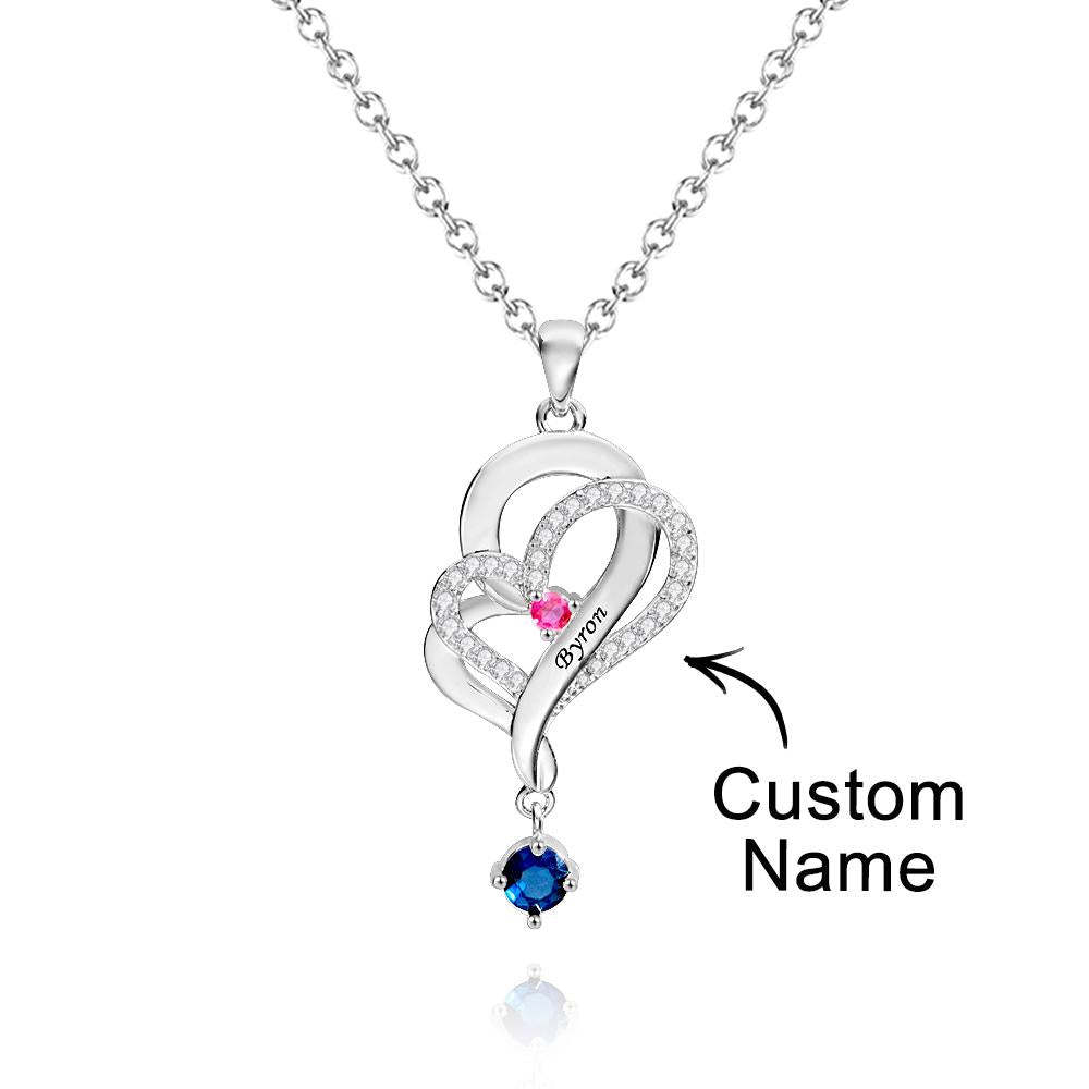 Collier Double Cœur Avec Pierre De Naissance Personnalisée, Pendentif Élégant Gravé, Bijoux Pour Elle - votrecollierprenomfr