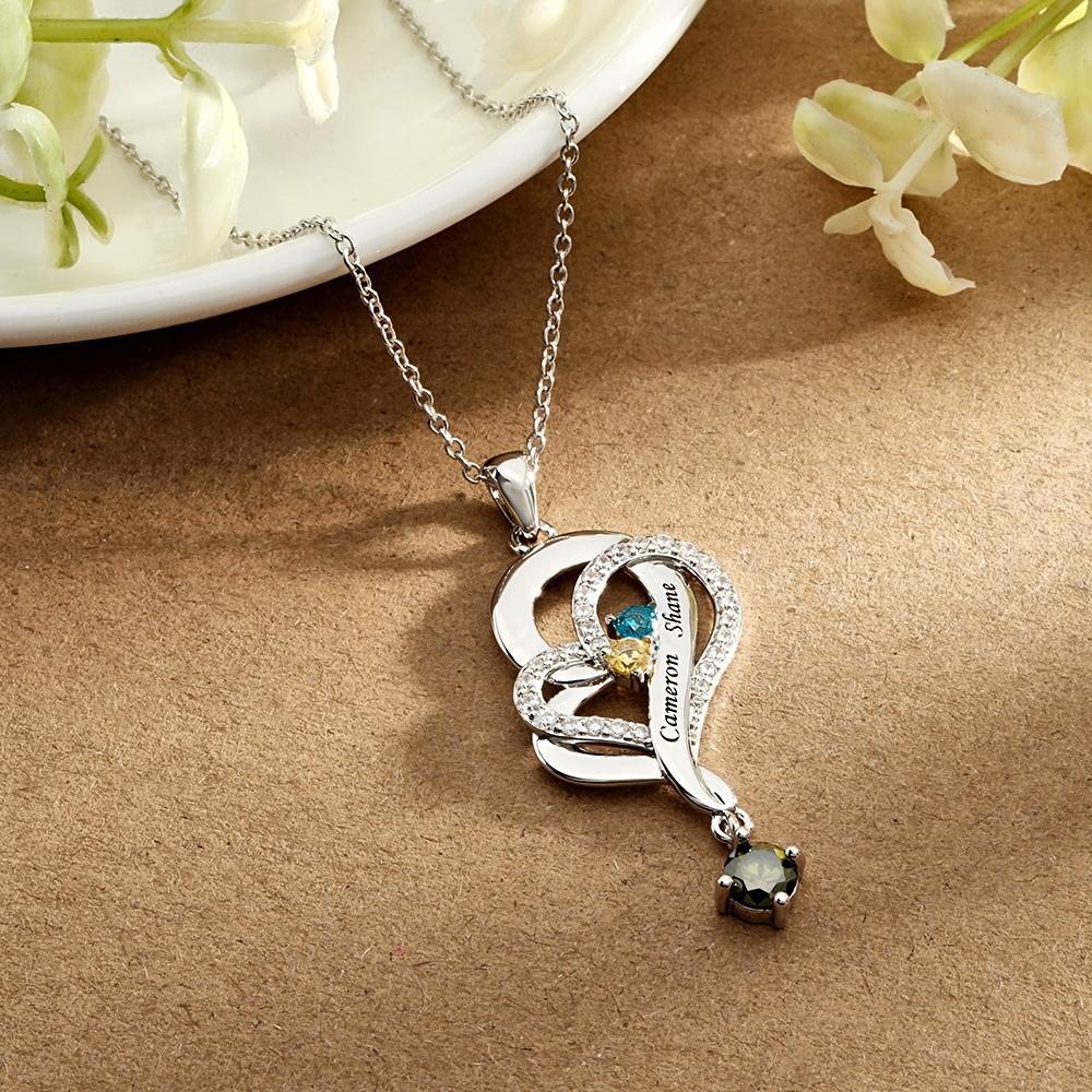 Collier Double Cœur Avec Pierre De Naissance Personnalisée, Pendentif Élégant Gravé, Bijoux Pour Elle - votrecollierprenomfr