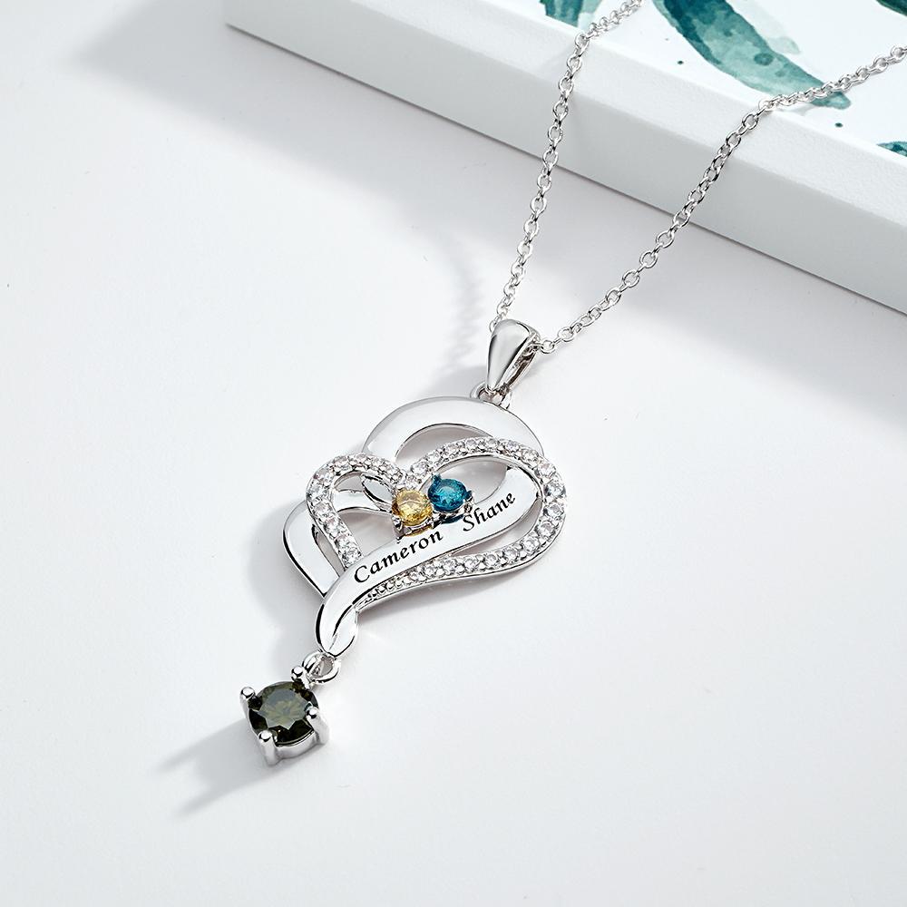 Collier Double Cœur Avec Pierre De Naissance Personnalisée, Pendentif Élégant Gravé, Bijoux Pour Elle - votrecollierprenomfr