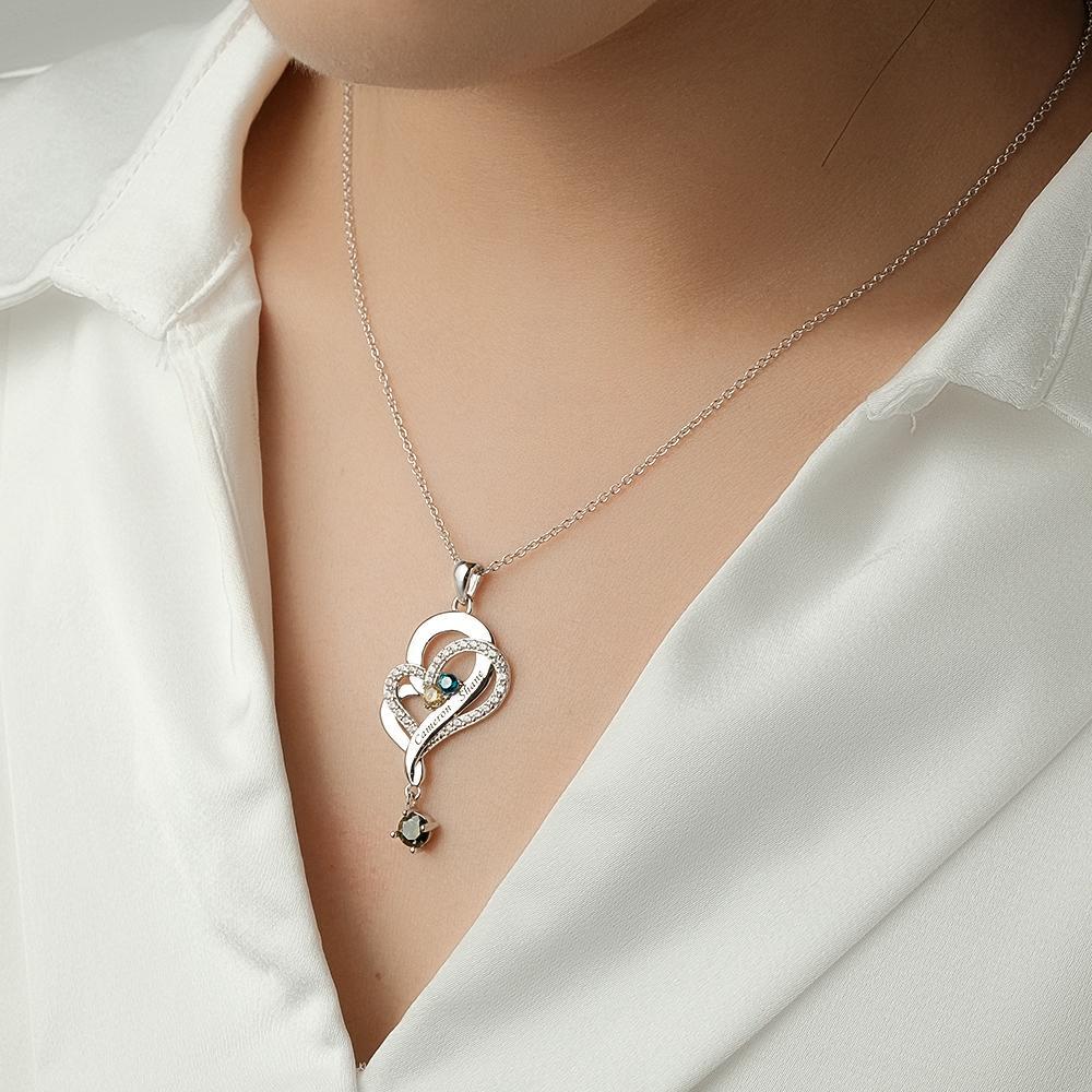 Collier Double Cœur Avec Pierre De Naissance Personnalisée, Pendentif Élégant Gravé, Bijoux Pour Elle - votrecollierprenomfr