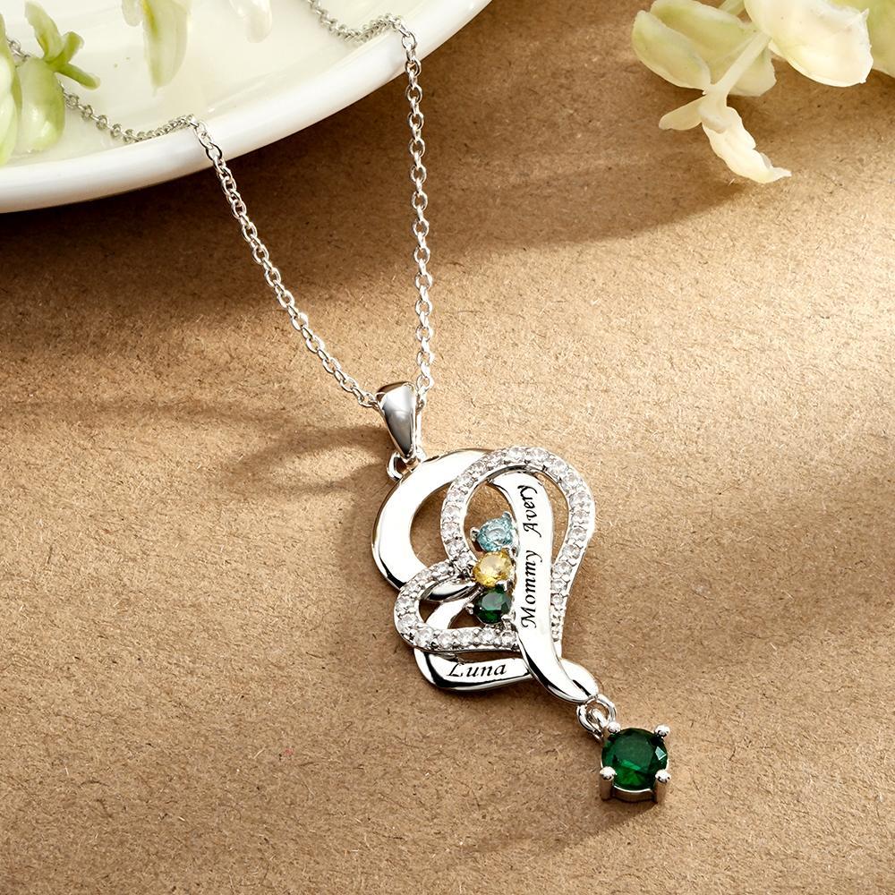 Collier Double Cœur Avec Pierre De Naissance Personnalisée, Pendentif Élégant Gravé, Bijoux Pour Elle - votrecollierprenomfr