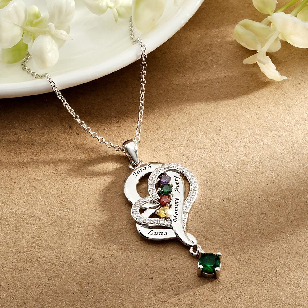 Collier Double Cœur Avec Pierre De Naissance Personnalisée, Pendentif Élégant Gravé, Bijoux Pour Elle - votrecollierprenomfr