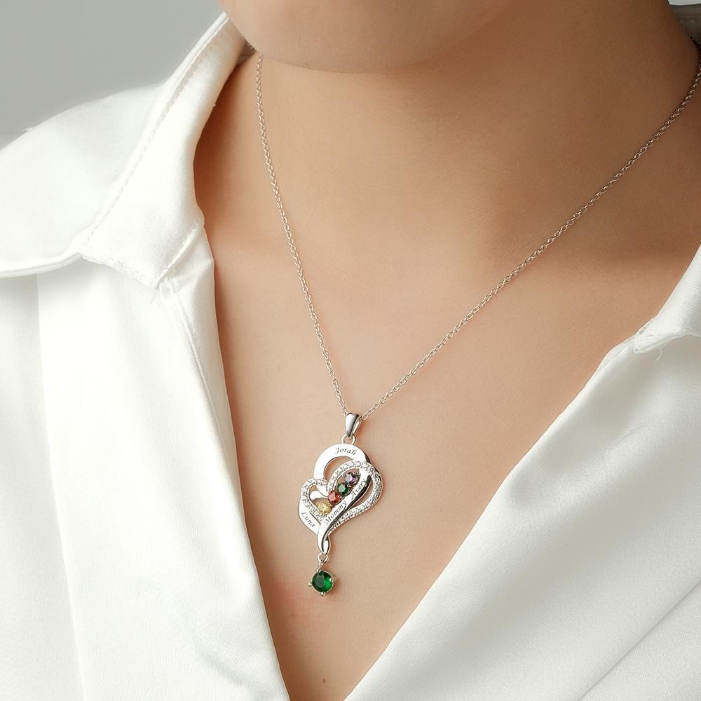 Collier Double Cœur Avec Pierre De Naissance Personnalisée, Pendentif Élégant Gravé, Bijoux Pour Elle - votrecollierprenomfr