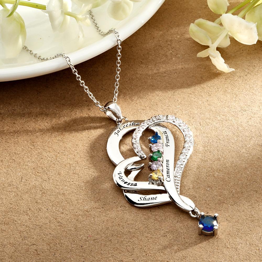 Collier Double Cœur Avec Pierre De Naissance Personnalisée, Pendentif Élégant Gravé, Bijoux Pour Elle - votrecollierprenomfr