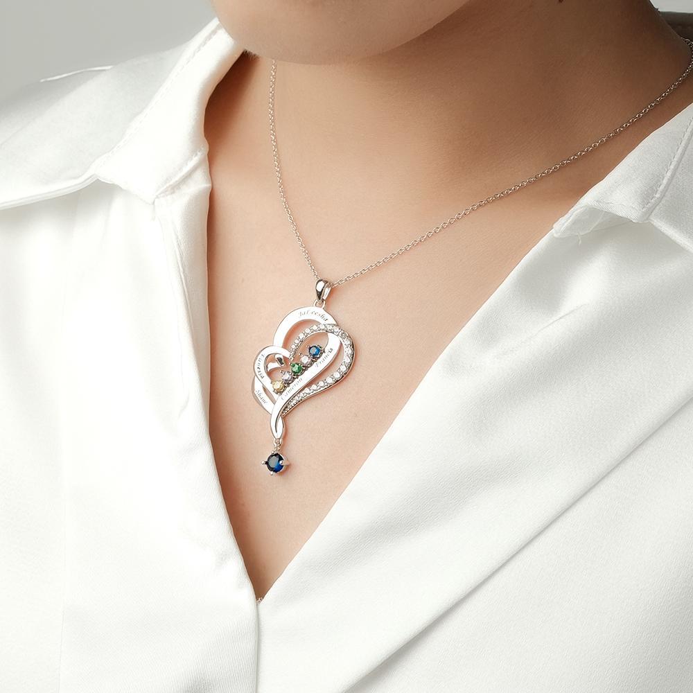Collier Double Cœur Avec Pierre De Naissance Personnalisée, Pendentif Élégant Gravé, Bijoux Pour Elle - votrecollierprenomfr