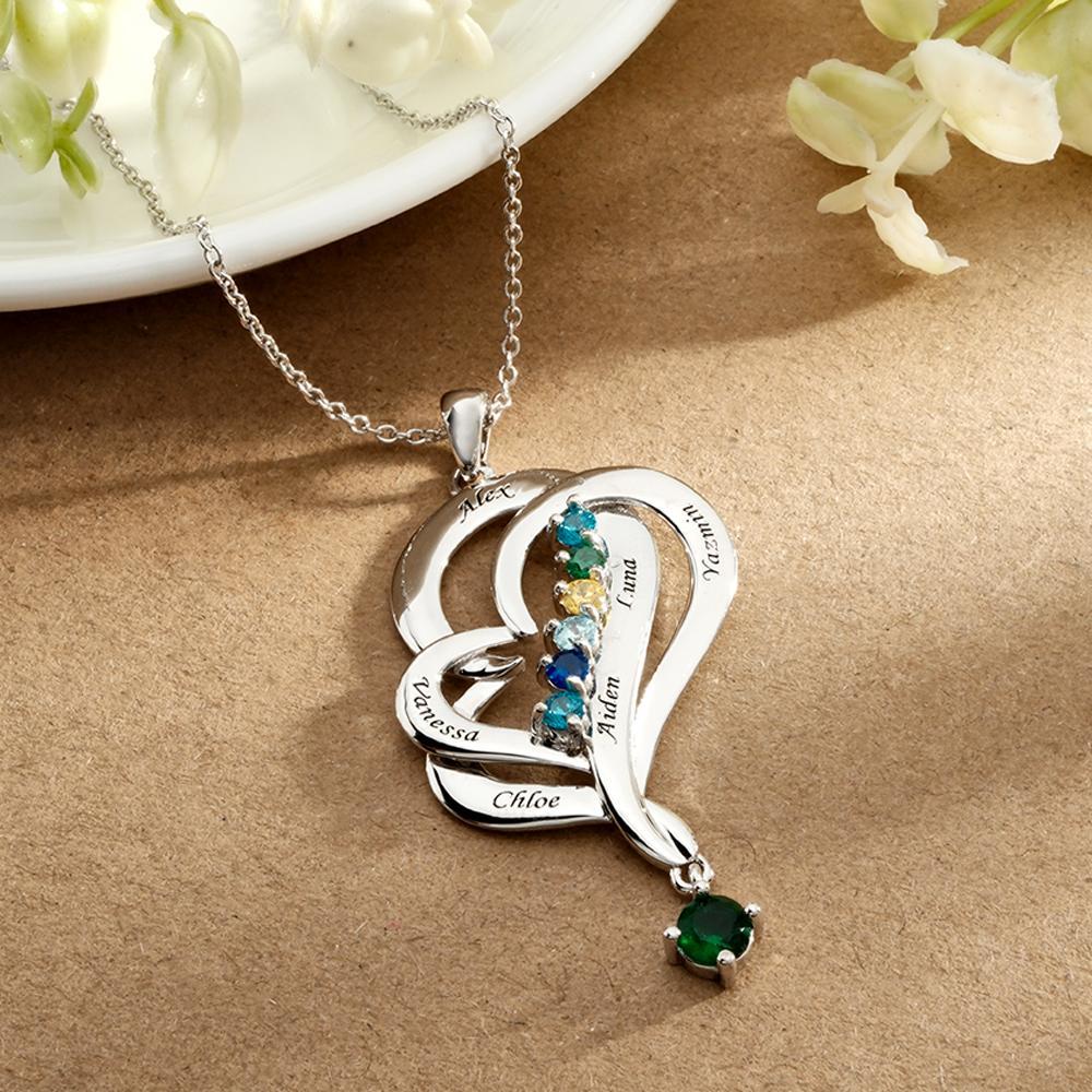 Collier Double Cœur Avec Pierre De Naissance Personnalisée, Pendentif Élégant Gravé, Bijoux Pour Elle - votrecollierprenomfr