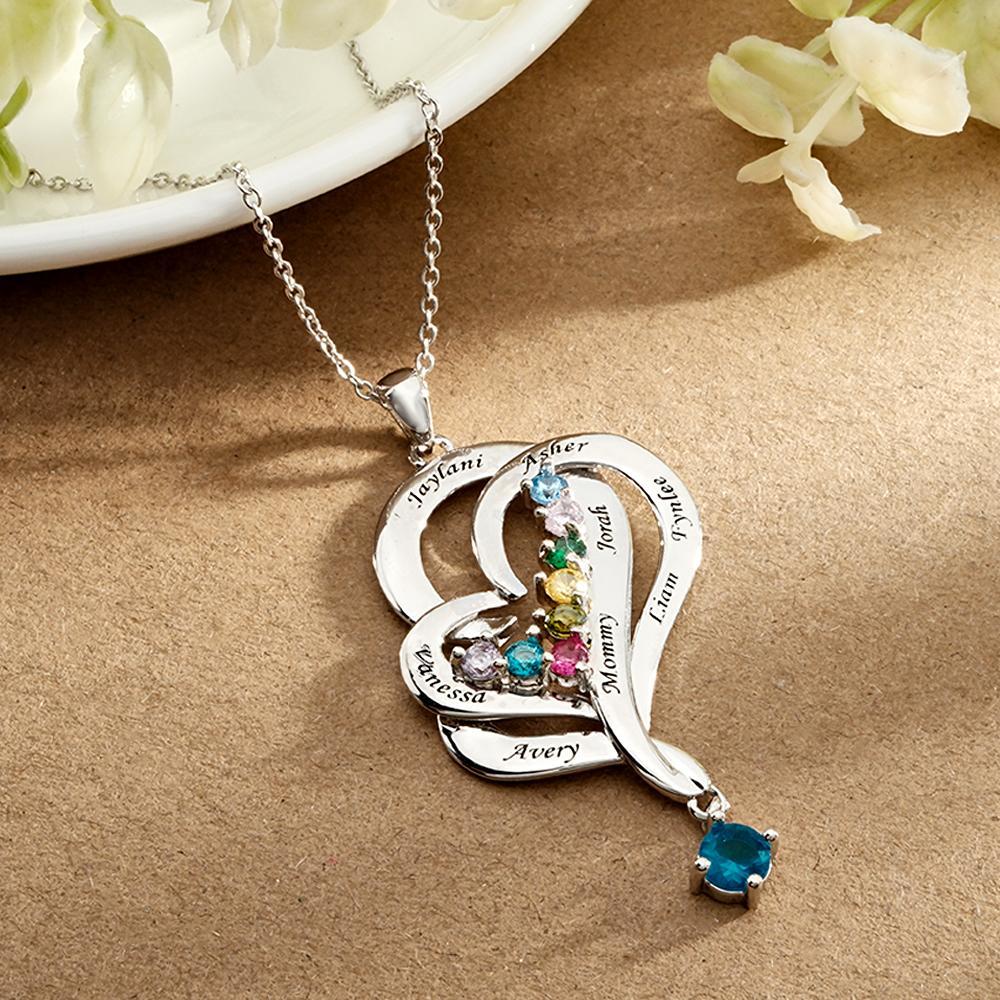 Collier Double Cœur Avec Pierre De Naissance Personnalisée, Pendentif Élégant Gravé, Bijoux Pour Elle - votrecollierprenomfr