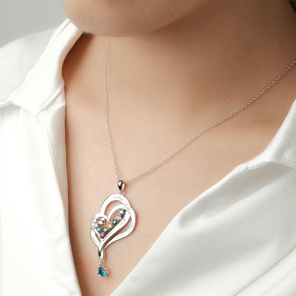 Collier Double Cœur Avec Pierre De Naissance Personnalisée, Pendentif Élégant Gravé, Bijoux Pour Elle - votrecollierprenomfr