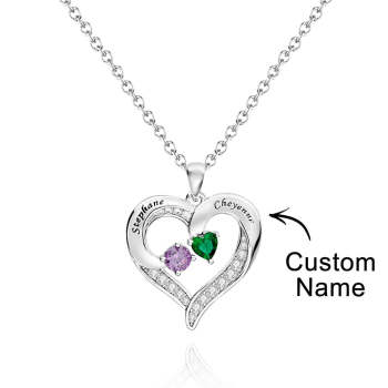 Collier Cœur Gravé Personnalisé Avec Pierres De Naissance De Formes Variées, Cadeaux De Saint-valentin - votrecollierprenomfr