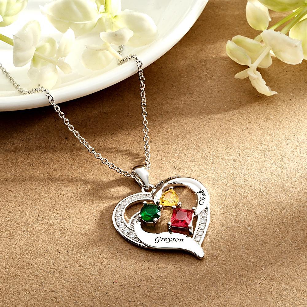 Collier Cœur Gravé Personnalisé Avec Pierres De Naissance De Formes Variées, Cadeaux De Saint-valentin - votrecollierprenomfr