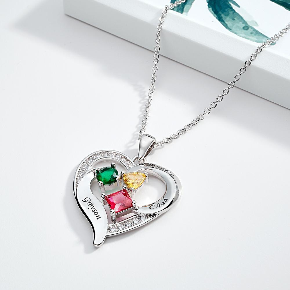 Collier Cœur Gravé Personnalisé Avec Pierres De Naissance De Formes Variées, Cadeaux De Saint-valentin - votrecollierprenomfr