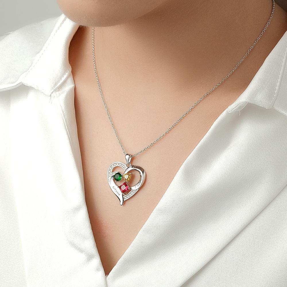Collier Cœur Gravé Personnalisé Avec Pierres De Naissance De Formes Variées, Cadeaux De Saint-valentin - votrecollierprenomfr