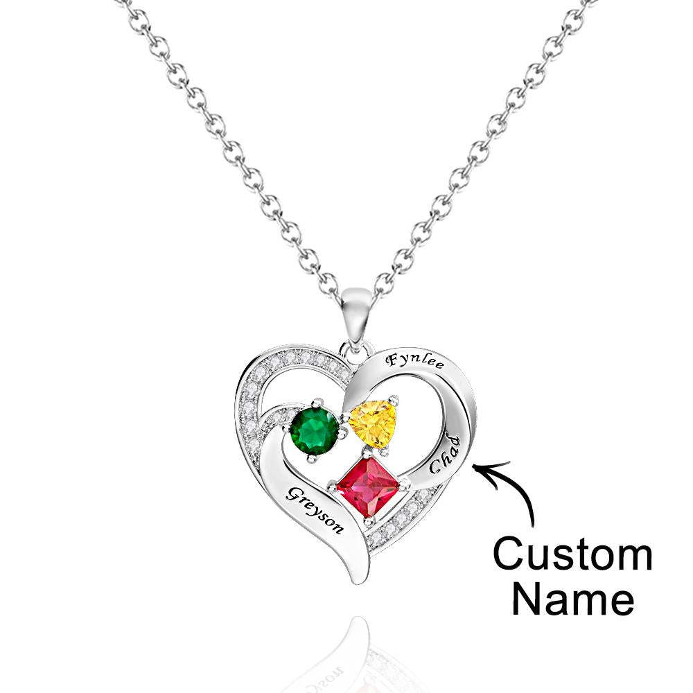 Collier Cœur Gravé Personnalisé Avec Pierres De Naissance De Formes Variées, Cadeaux De Saint-valentin - votrecollierprenomfr