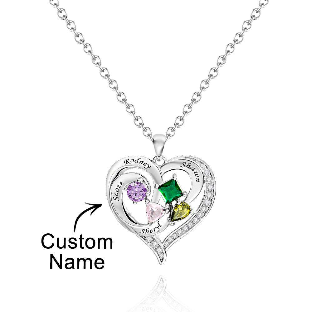 Collier Cœur Gravé Personnalisé Avec Pierres De Naissance De Formes Variées, Cadeaux De Saint-valentin - votrecollierprenomfr