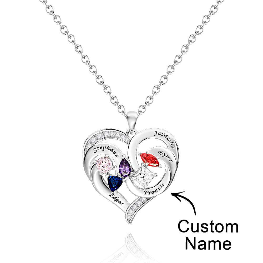Collier Cœur Gravé Personnalisé Avec Pierres De Naissance De Formes Variées, Cadeaux De Saint-valentin - votrecollierprenomfr