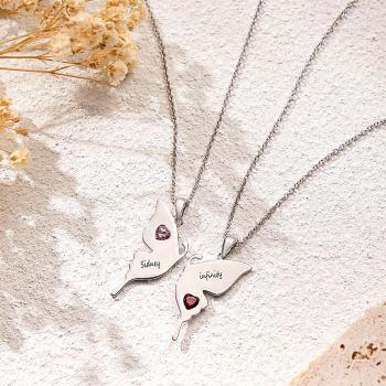 Collier Papillon Gravé Personnalisé Avec Pierre De Naissance En Forme De Cœur, Double Chaîne, Cadeaux Créatifs Pour Sœurs - votrecollierprenomfr