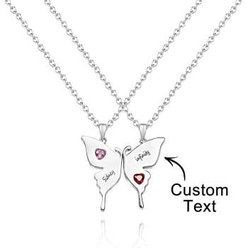 Collier Papillon Gravé Personnalisé Avec Pierre De Naissance En Forme De Cœur, Double Chaîne, Cadeaux Créatifs Pour Sœurs - votrecollierprenomfr