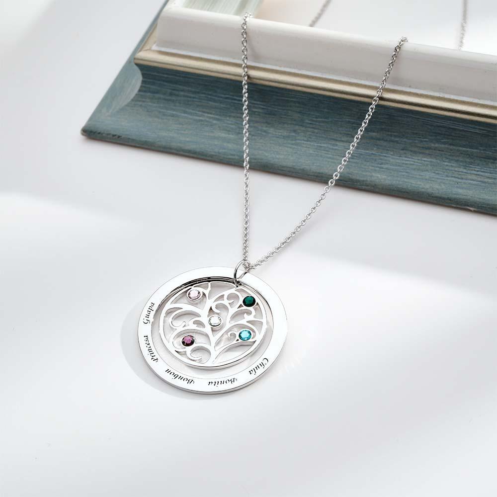 Collier D'arbre Généalogique Gravé Avec Pierre De Naissance, Cadeaux Chaleureux Personnalisés Pour Maman - votrecollierprenomfr