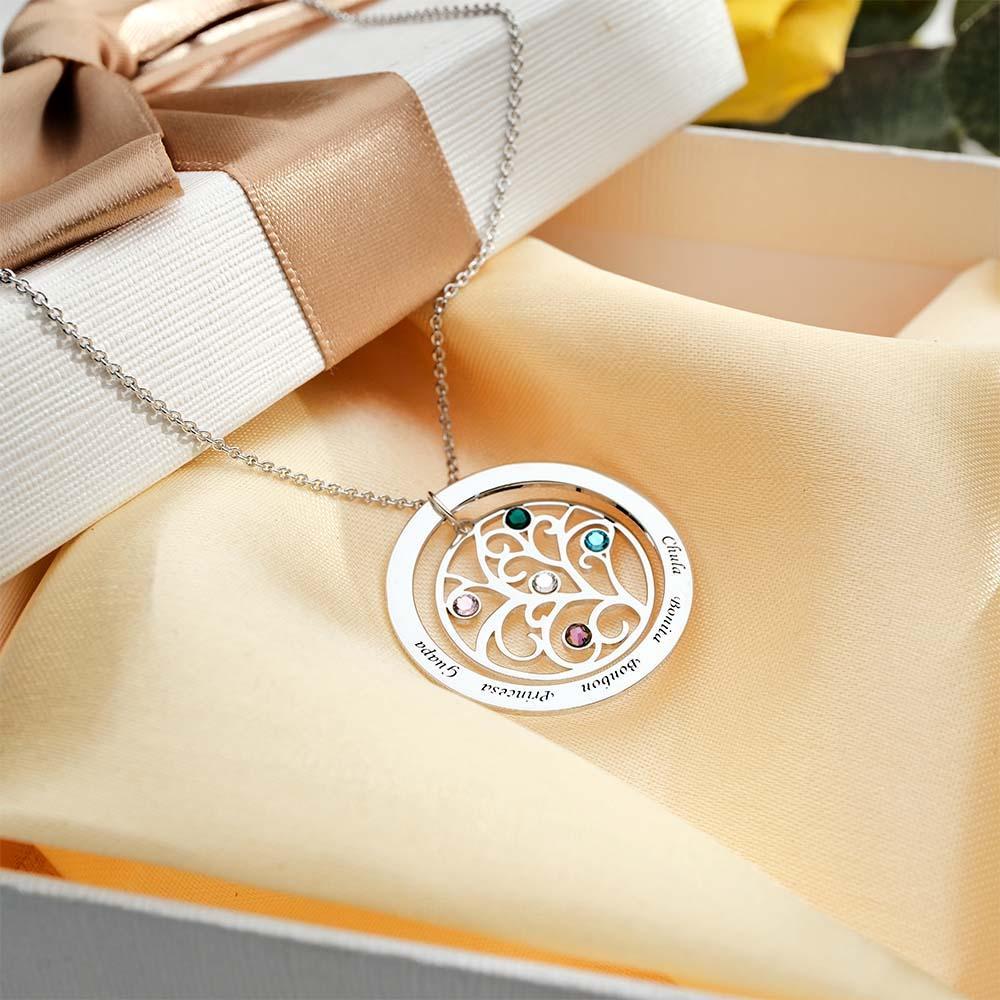 Collier D'arbre Généalogique Gravé Avec Pierre De Naissance, Cadeaux Chaleureux Personnalisés Pour Maman - votrecollierprenomfr
