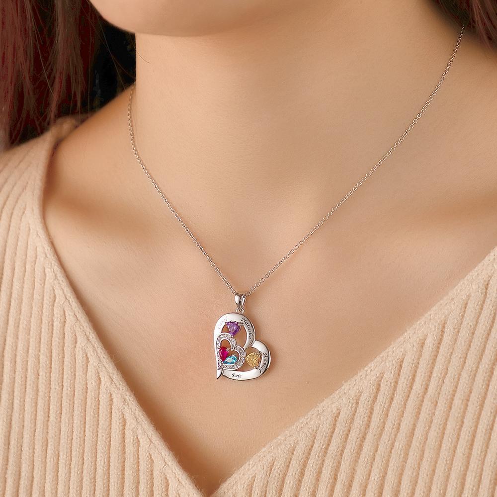 Collier Coeur Creux Gravable Avec Pierre De Naissance, Cadeaux De Famille - votrecollierprenomfr