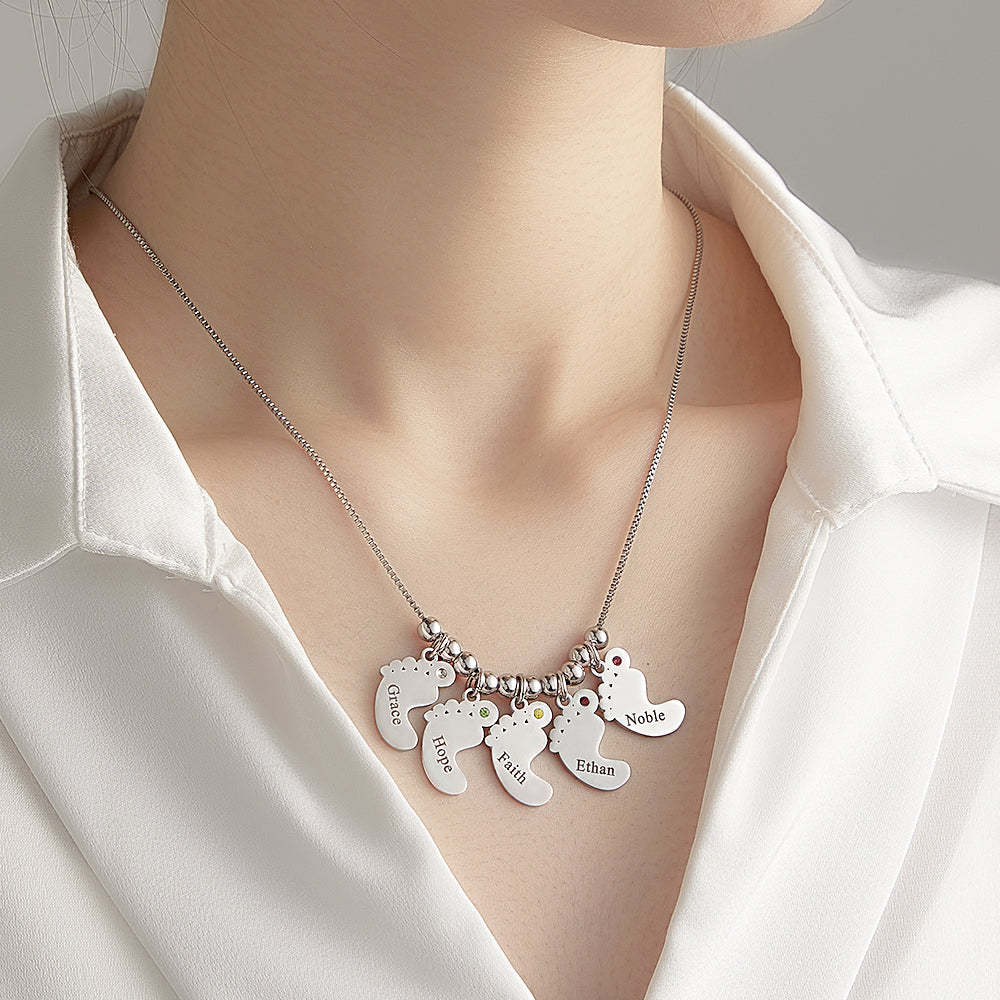 Collier À Breloques Avec Pierre De Naissance Pour Pieds De Bébé, Nom Personnalisé Pour Noël - votrecollierprenomfr