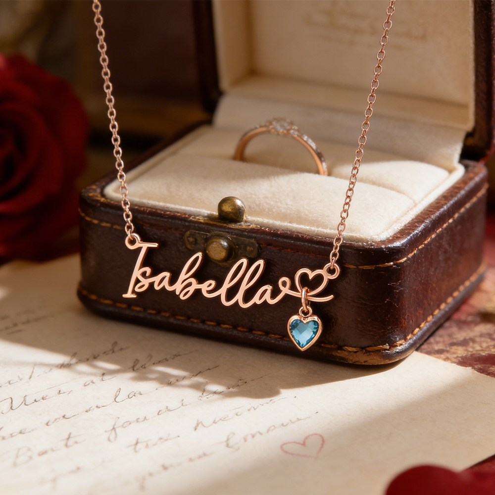 Collier Prénom Personnalisé Avec Pierre De Naissance En Forme De Cœur - votrecollierprenomfr