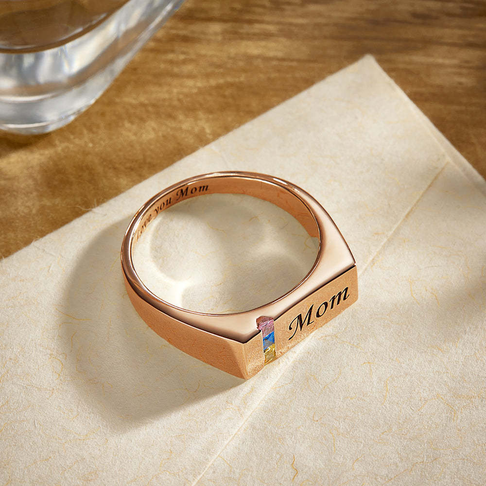 Bague Avec Pierre De Naissance Avec Texte Personnalisé, Plaquée Or Rose, Cadeau Personnalisé Pour Elle - votrecollierprenomfr