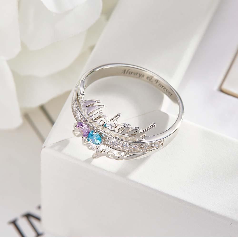 Bague De Promesse Avec Nom Et Texte Personnalisés, Double Cœur, Pierre De Naissance, Cadeau D'anniversaire - votrecollierprenomfr
