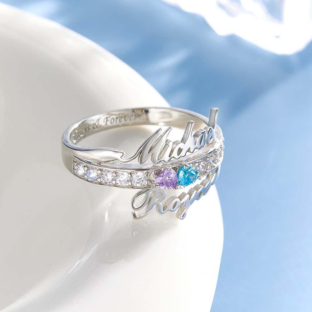 Bague De Promesse Avec Nom Et Texte Personnalisés, Double Cœur, Pierre De Naissance, Cadeau D'anniversaire - votrecollierprenomfr