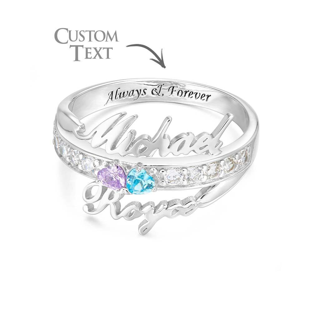 Bague De Promesse Avec Nom Et Texte Personnalisés, Double Cœur, Pierre De Naissance, Cadeau D'anniversaire - votrecollierprenomfr