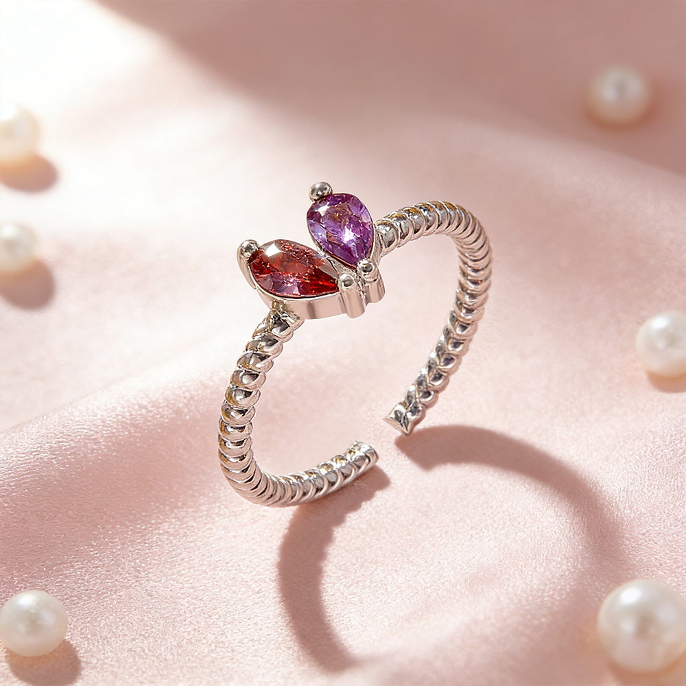 Bracelet Cœur Personnalisé Avec Pierres De Naissance Pour Couple - Bracelet Ajustable Avec Deux Pierres De Naissance Assorties - votrecollierprenomfr