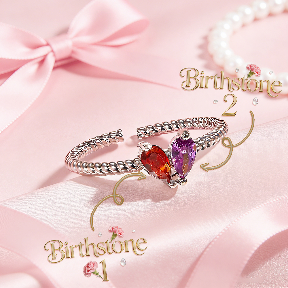 Bague Personnalisée Pour Partenaire, Mois D'anniversaire, Pierres De Naissance, Bague De Couple Personnalisée, Bague Cœur Ajustable, Cadeau Pour Elle - votrecollierprenomfr