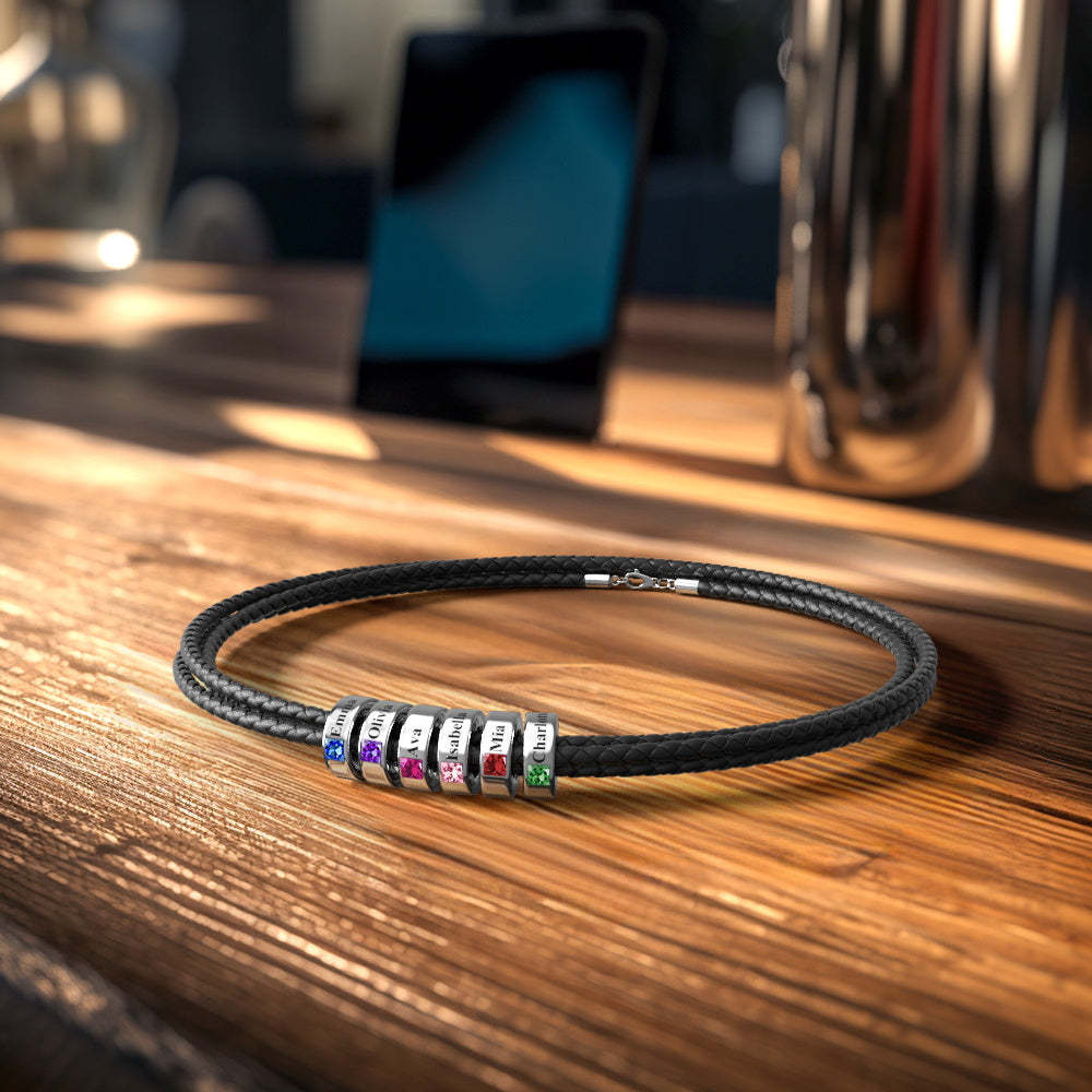 Bracelet En Cuir Avec Nom Gravé Personnalisé Avec Perles De Pierre De Naissance Pour Lui - votrecollierprenomfr