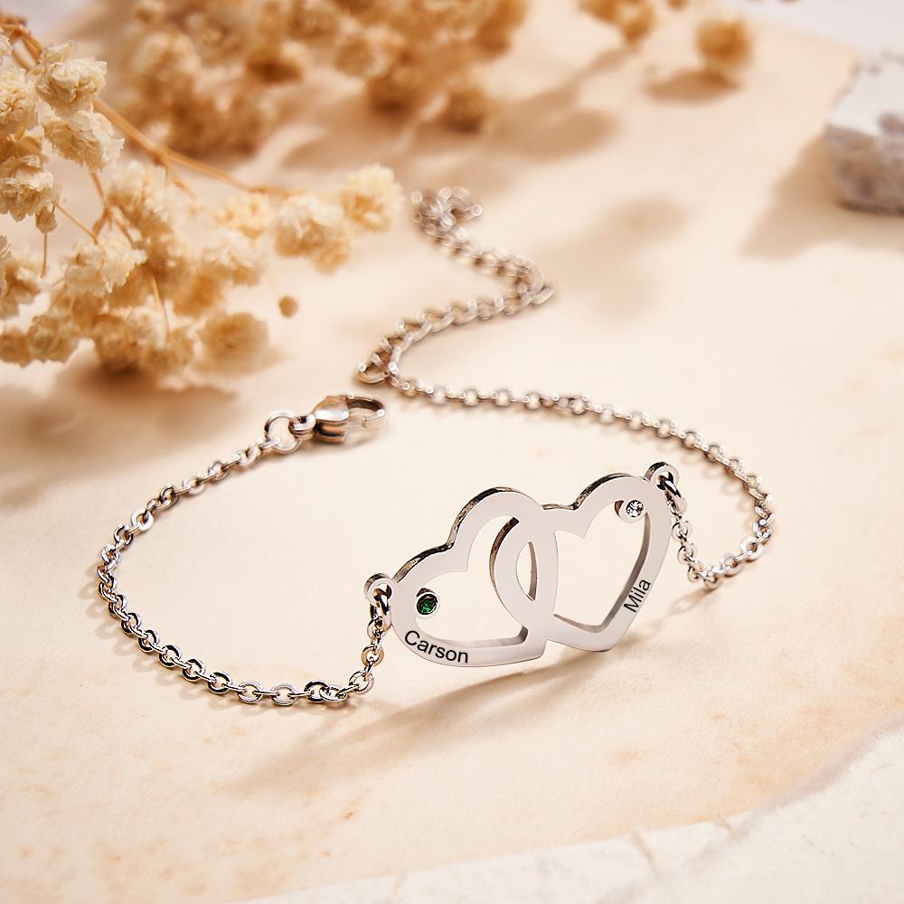 Bracelet À Double Cœur Gravable Avec Chaîne De Pierre De Naissance, Cadeaux Pour Femmes - votrecollierprenomfr