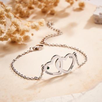 Bracelet À Double Cœur Gravable Avec Chaîne De Pierre De Naissance, Cadeaux Pour Femmes - votrecollierprenomfr