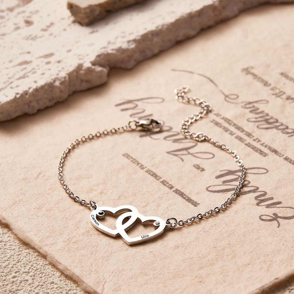 Bracelet À Double Cœur Gravable Avec Chaîne De Pierre De Naissance, Cadeaux Pour Femmes - votrecollierprenomfr