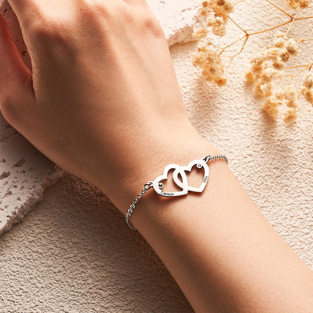 Bracelet À Double Cœur Gravable Avec Chaîne De Pierre De Naissance, Cadeaux Pour Femmes - votrecollierprenomfr