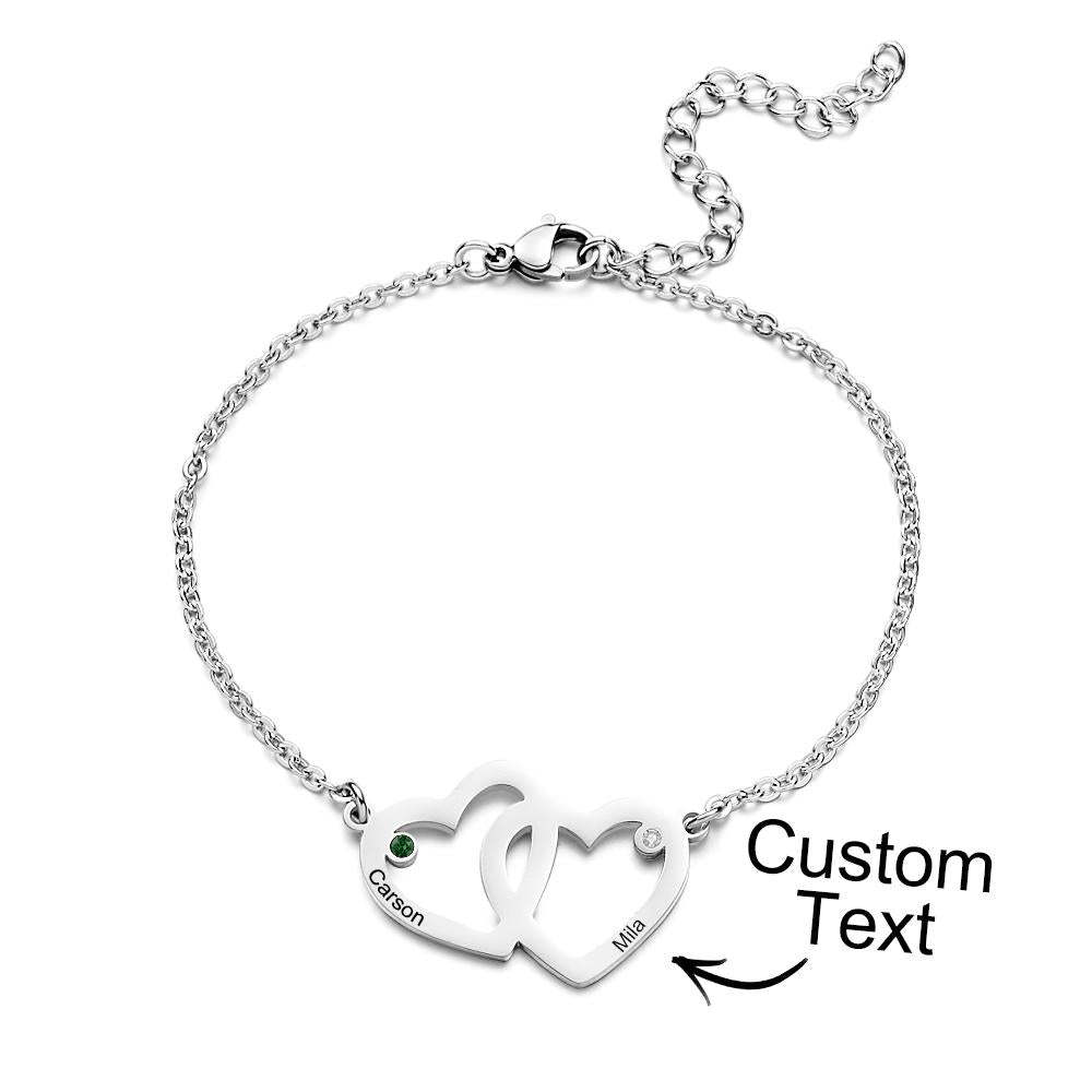 Bracelet À Double Cœur Gravable Avec Chaîne De Pierre De Naissance, Cadeaux Pour Femmes - votrecollierprenomfr