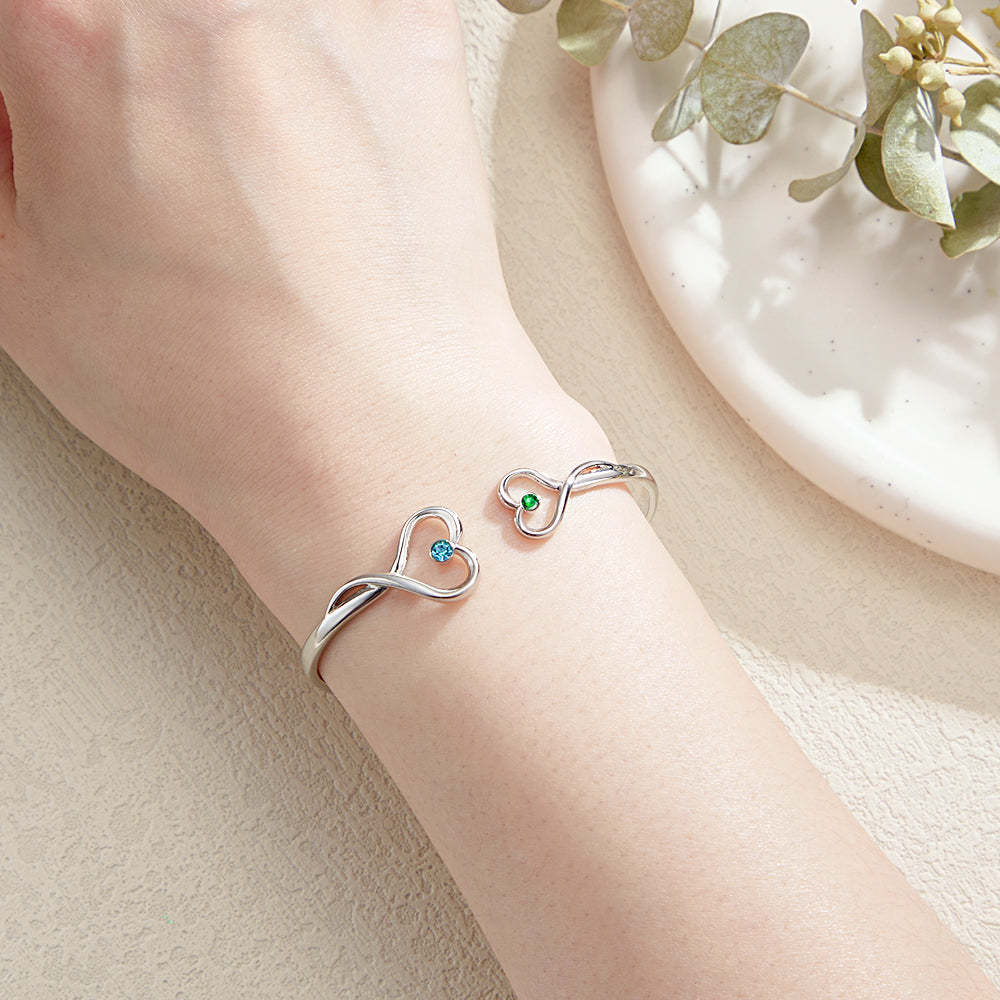 Bracelet Personnalisé En Forme De Cœur Avec Double Pierre De Naissance, Cadeau Romantique Pour Couple - votrecollierprenomfr