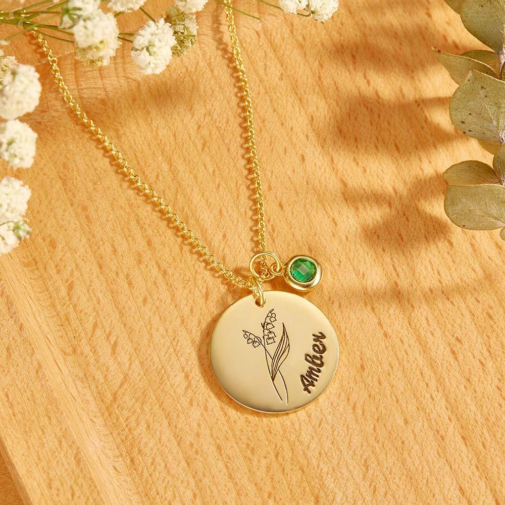 Collier Personnalisé Avec Nom De Fleur De Naissance Avec Pierre De Naissance, Cadeau De Fête Des Mères - votrecollierprenomfr