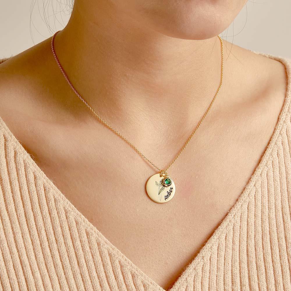 Collier Personnalisé Avec Nom De Fleur De Naissance Avec Pierre De Naissance, Cadeau De Fête Des Mères - votrecollierprenomfr