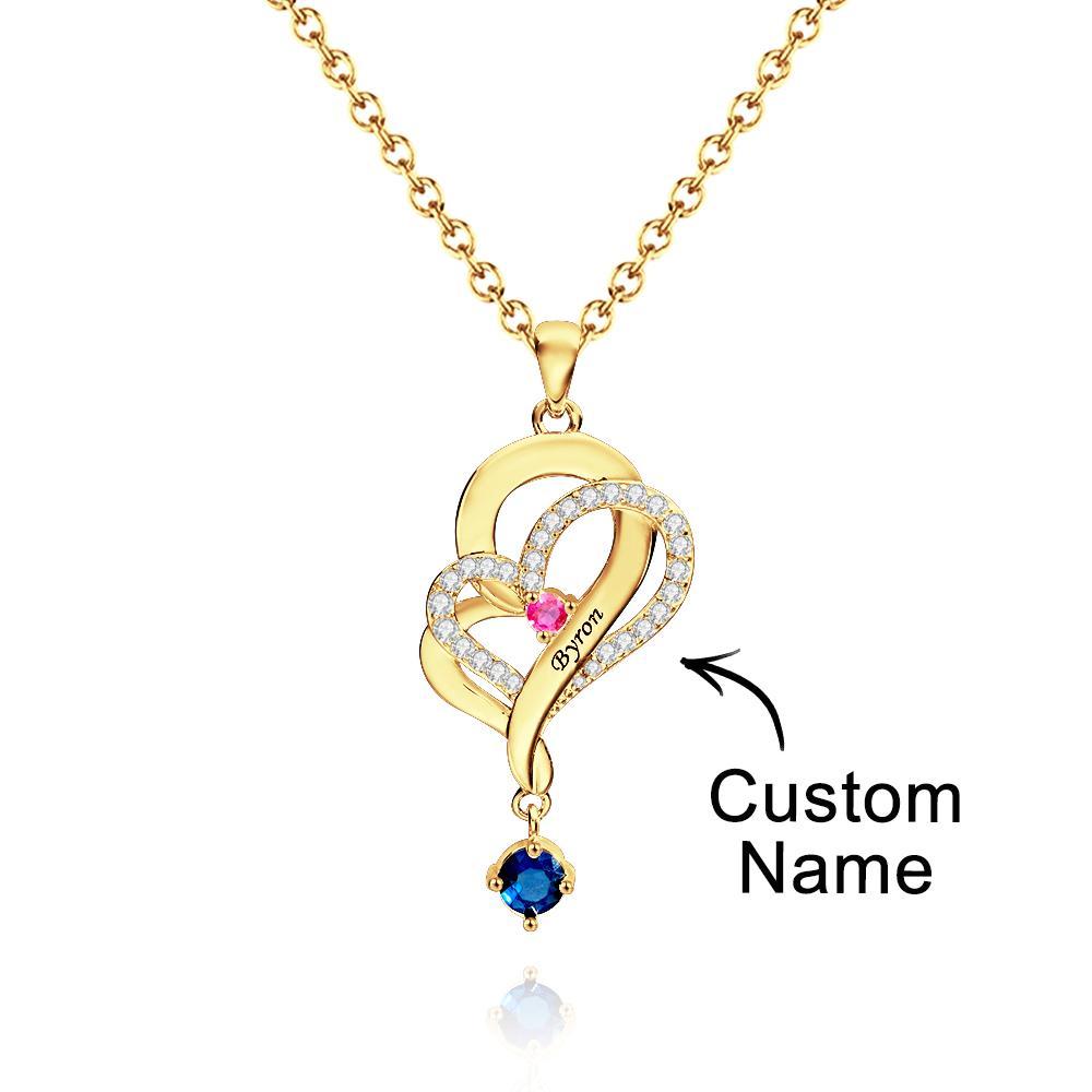Collier Double Cœur Avec Pierre De Naissance Personnalisée, Pendentif Élégant Gravé, Bijoux Pour Elle - votrecollierprenomfr