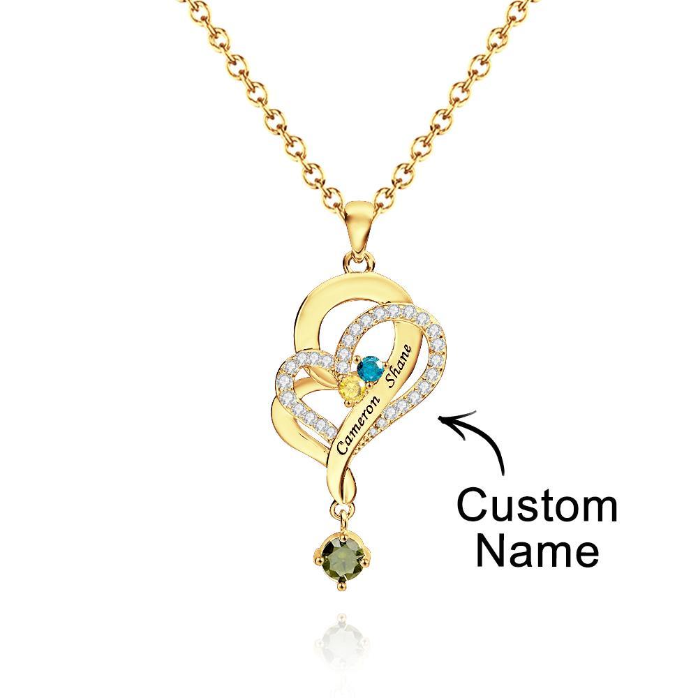 Collier Double Cœur Avec Pierre De Naissance Personnalisée, Pendentif Élégant Gravé, Bijoux Pour Elle - votrecollierprenomfr