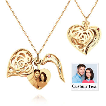 Collier Photo Gravé Personnalisé Avec Pierre De Naissance, Pendentif Élégant En Forme De Cœur Ajouré, Cadeau Pour Elle - votrecollierprenomfr
